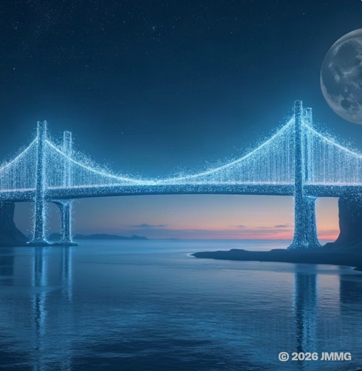 A luminous bridge crossing quiet water beneath a moonlit sky.